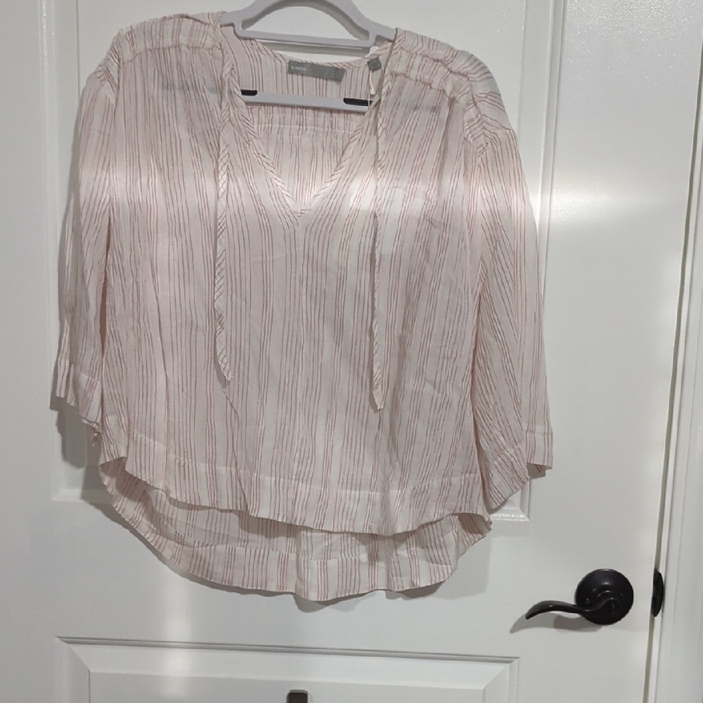NWT Vince 100% Cotton Peasant Top White W Coral Stripes Sz Small $40